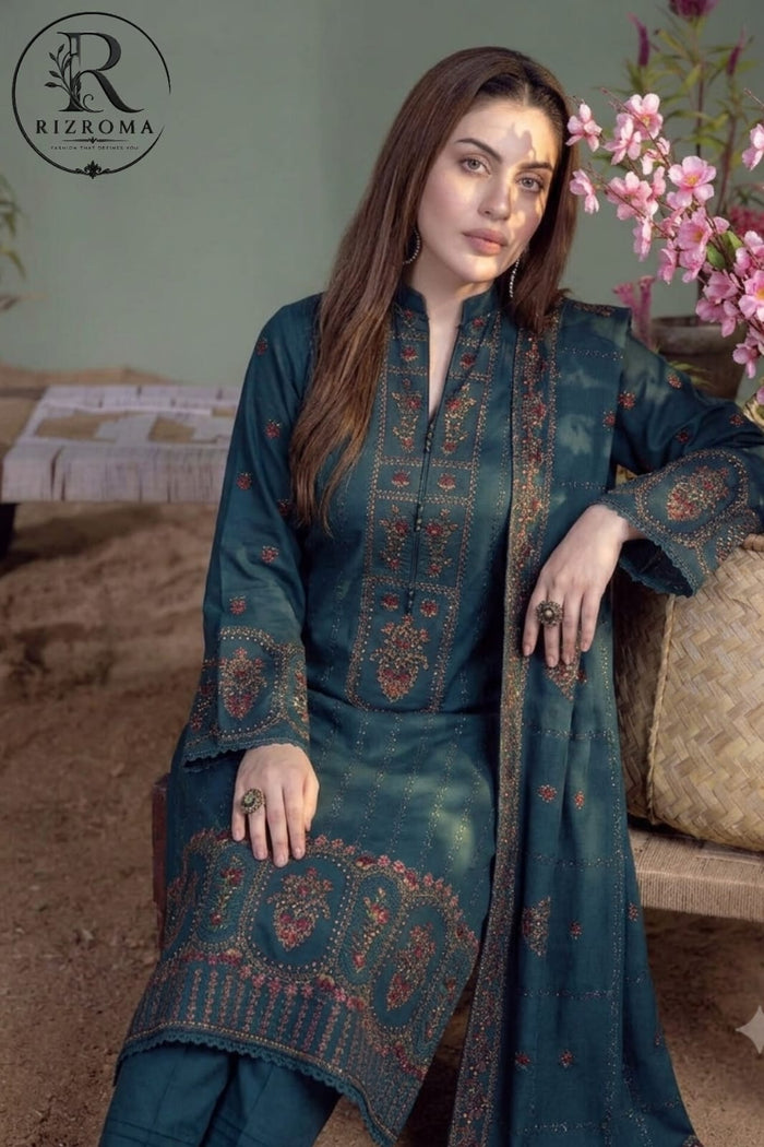 Elegant Teal Embroidered Unstitched Lawn 3 Piece Suit with Premium Printed Dupatta | Pakistani Designer Summer Collection