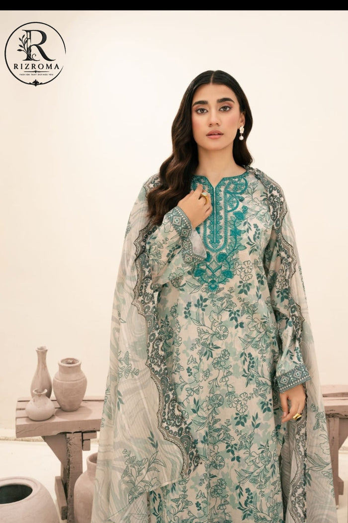 Elegant Mint Green Floral Printed Unstitched Lawn 3 Piece Suit with Embroidered Neckline | Premium Pakistani Summer Collection