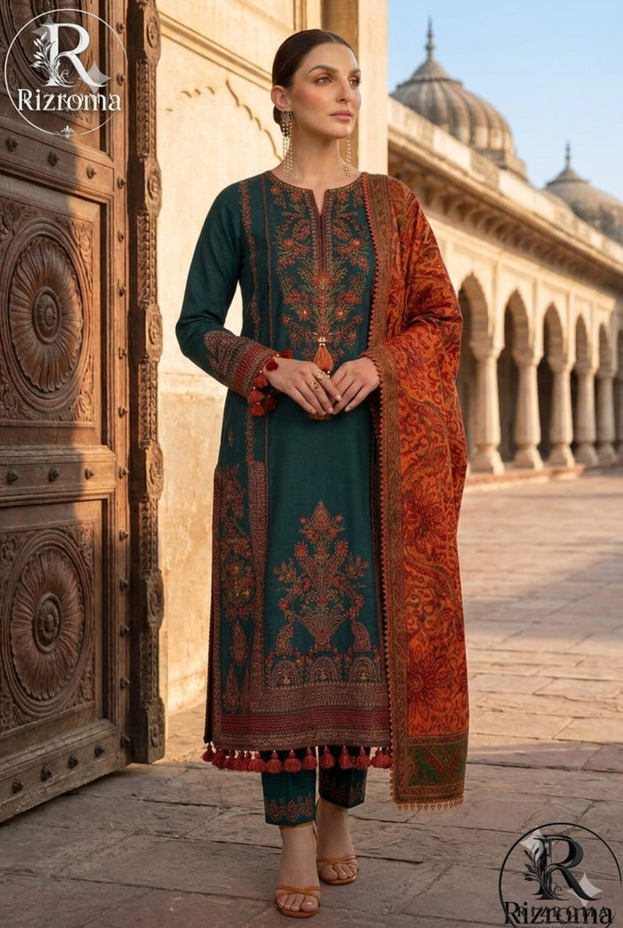 Luxury Teal Embroidered Unstitched 3 Piece Lawn Suit with Premium Rust Printed Dupatta | Pakistani Designer Summer Collection