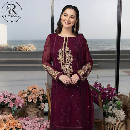 Luxury Chiffon Embroidered 3PC Unstitched Suit – Wedding &amp; Party Wear
