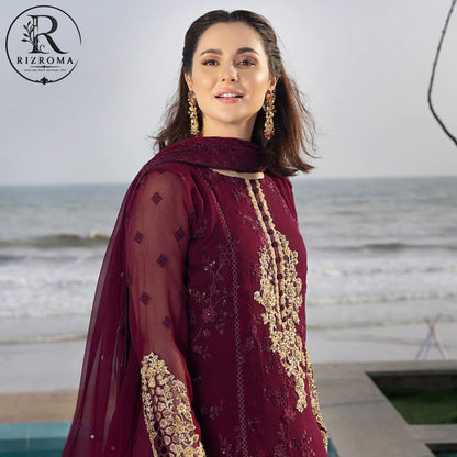 Luxury Chiffon Embroidered 3PC Unstitched Suit – Wedding &amp; Party Wear