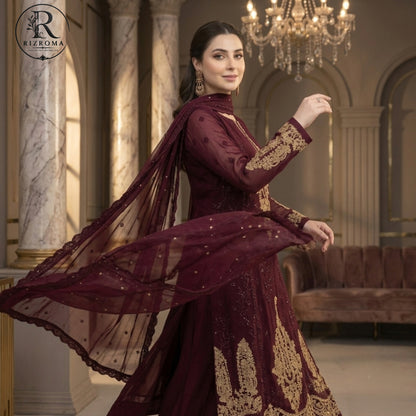 Luxury Chiffon Embroidered 3PC Unstitched Suit – Wedding &amp; Party Wear