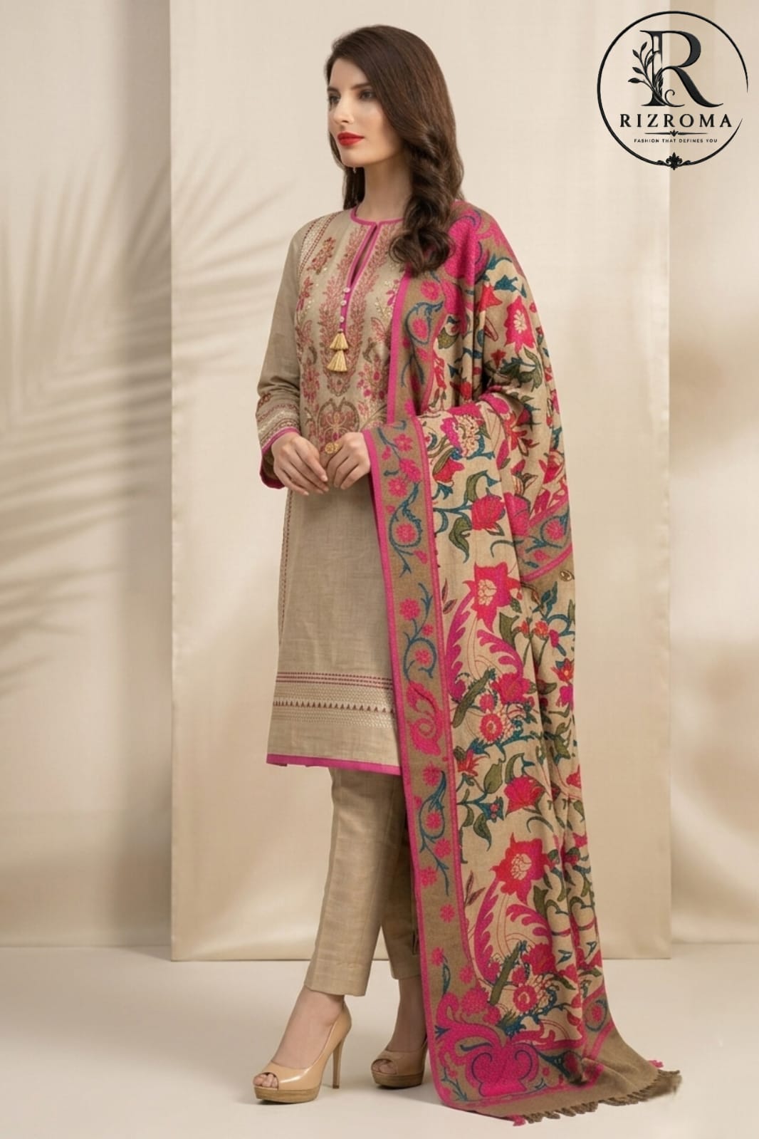 Elegant Beige Embroidered Unstitched Lawn 3 Piece Suit with Digital Printed Dupatta | Premium Pakistani Women's Summer Collection*