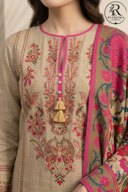 Elegant Beige Embroidered Unstitched Lawn 3 Piece Suit with Digital Printed Dupatta | Premium Pakistani Women's Summer Collection*