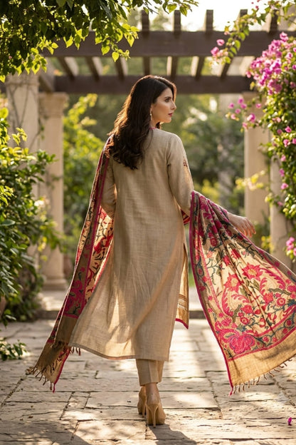 Elegant Beige Embroidered Unstitched Lawn 3 Piece Suit with Digital Printed Dupatta | Premium Pakistani Women's Summer Collection*