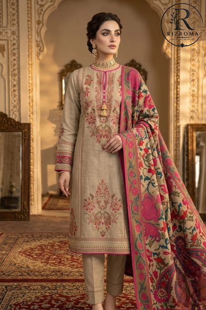 Elegant Beige Embroidered Unstitched Lawn 3 Piece Suit with Digital Printed Dupatta | Premium Pakistani Women's Summer Collection*