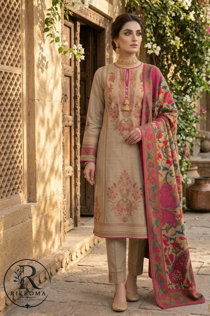 Elegant Beige Embroidered Unstitched Lawn 3 Piece Suit with Digital Printed Dupatta | Premium Pakistani Women's Summer Collection*