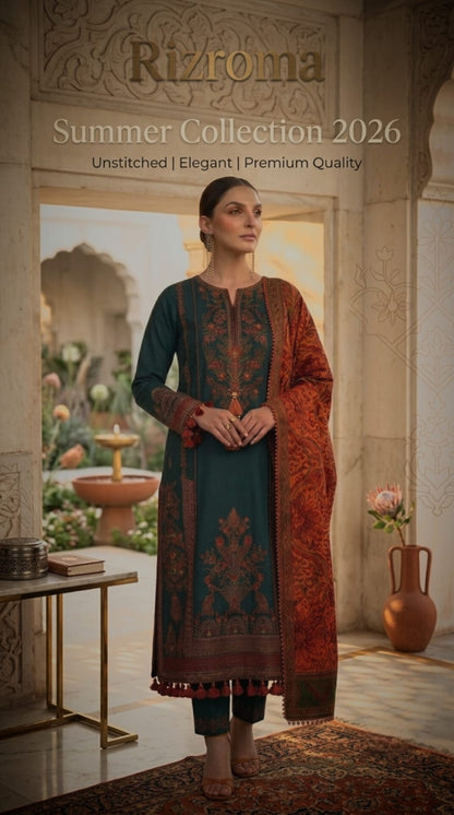 Elegant Teal Embroidered Unstitched Lawn 3 Piece Suit with Digital Printed Dupatta | Premium Pakistani Women's Summer Collection