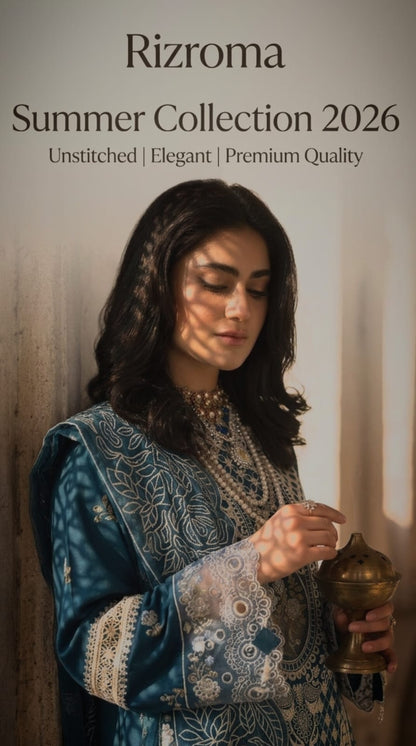 Luxury Teal Embroidered Unstitched Lawn 3 Piece Suit with Premium Printed Dupatta | Pakistani Designer Summer Collection