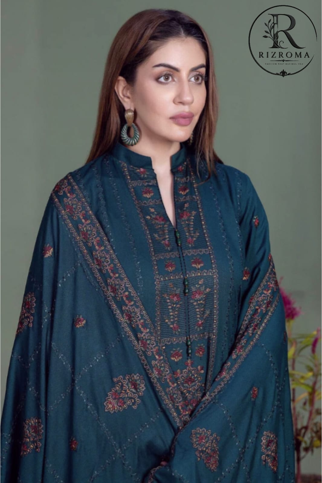 Elegant Teal Embroidered Unstitched Lawn 3 Piece Suit with Premium Printed Dupatta | Pakistani Designer Summer Collection
