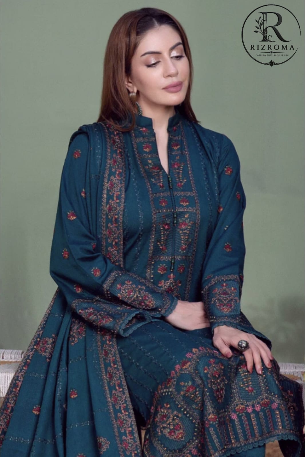 Elegant Teal Embroidered Unstitched Lawn 3 Piece Suit with Premium Printed Dupatta | Pakistani Designer Summer Collection