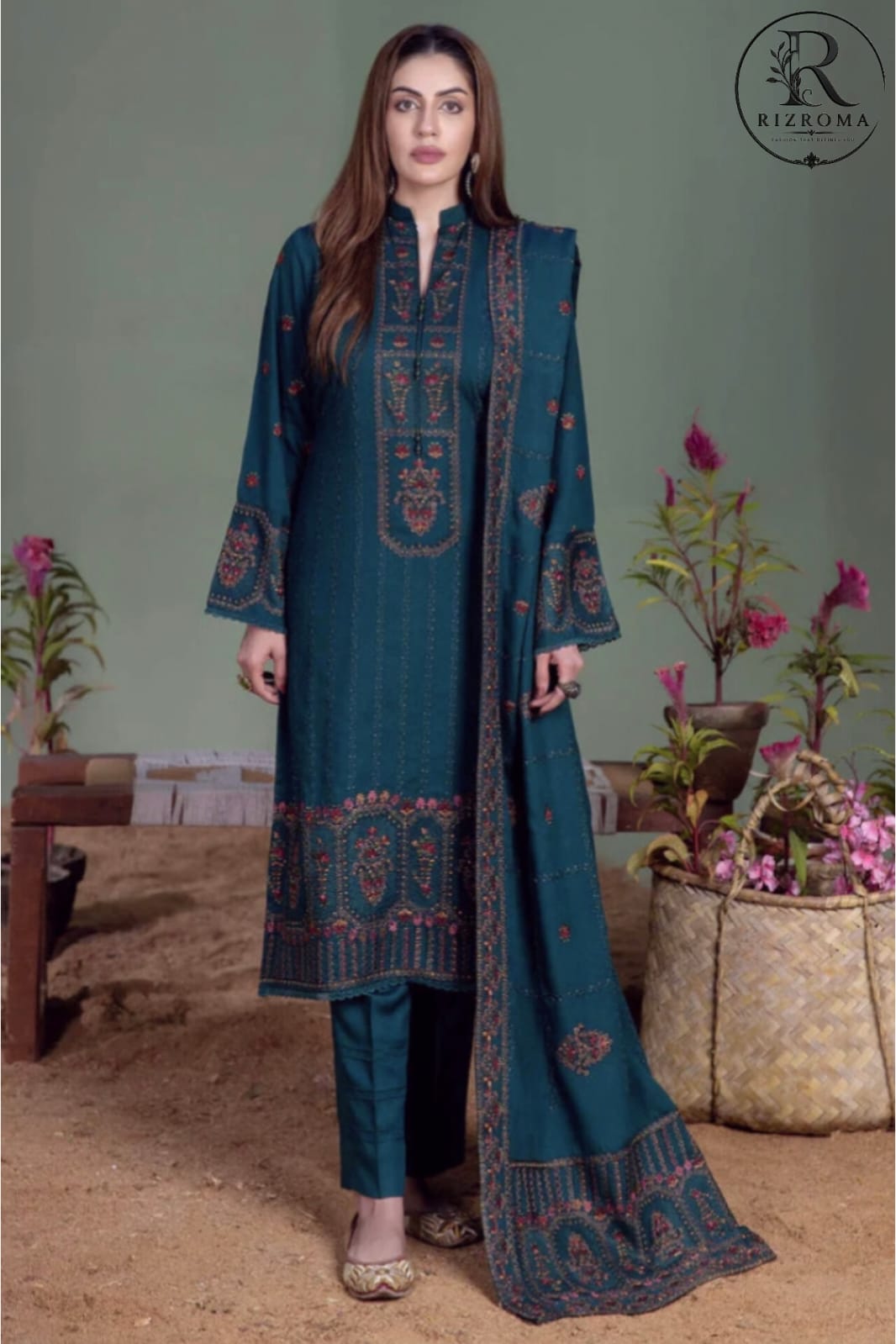 Elegant Teal Embroidered Unstitched Lawn 3 Piece Suit with Premium Printed Dupatta | Pakistani Designer Summer Collection