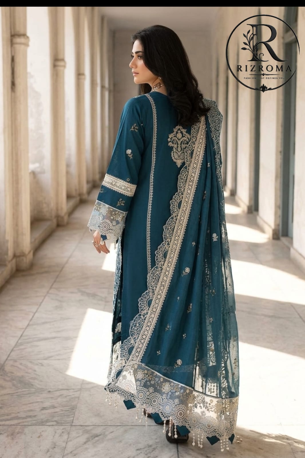 Luxury Teal Embroidered Unstitched Lawn 3 Piece Suit with Premium Printed Dupatta | Pakistani Designer Summer Collection