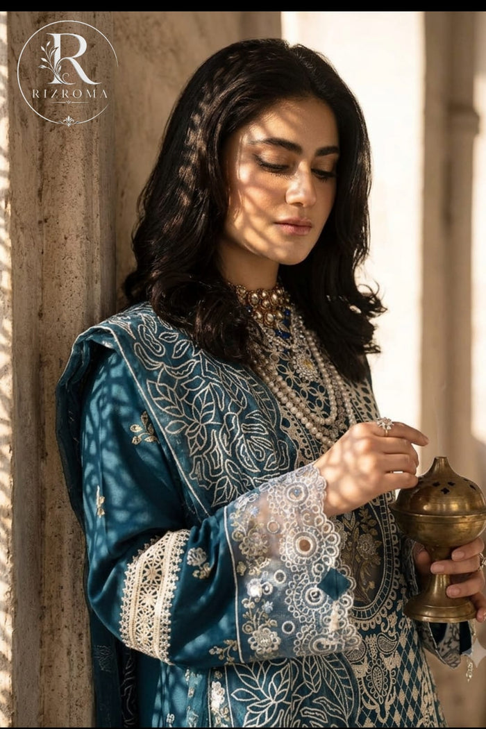 Luxury Teal Embroidered Unstitched Lawn 3 Piece Suit with Premium Printed Dupatta | Pakistani Designer Summer Collection