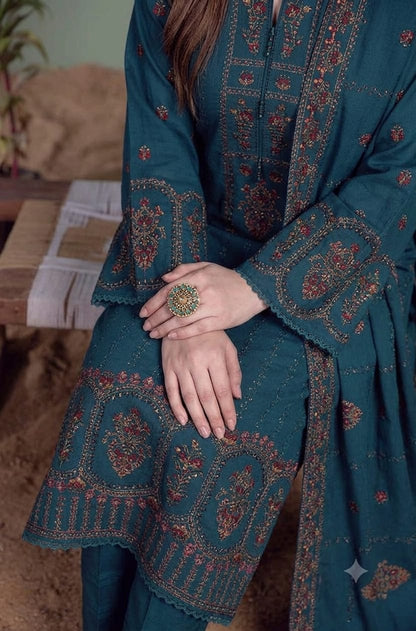Elegant Teal Embroidered Unstitched Lawn 3 Piece Suit with Premium Printed Dupatta | Pakistani Designer Summer Collection