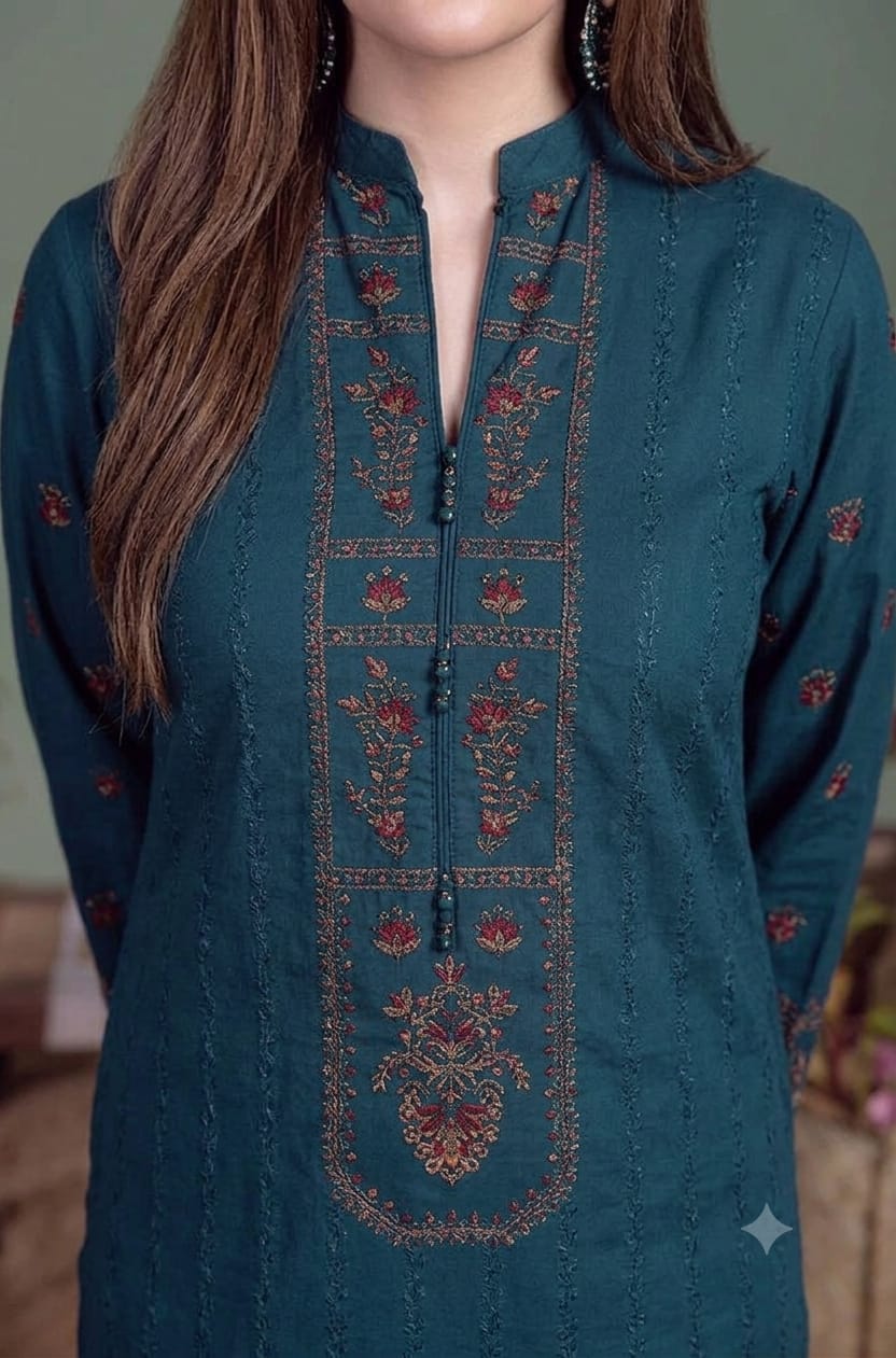 Elegant Teal Embroidered Unstitched Lawn 3 Piece Suit with Premium Printed Dupatta | Pakistani Designer Summer Collection
