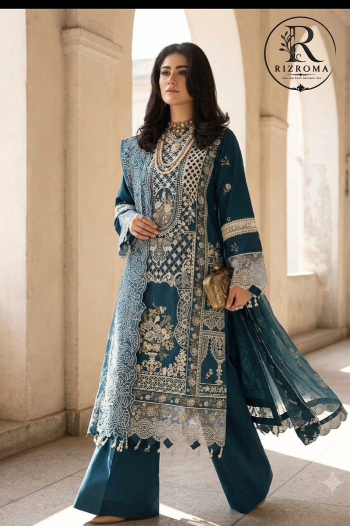 Premium Teal Embroidered Unstitched Lawn 3 Piece Suit with Luxury Printed Dupatta | Pakistani Designer Summer Collection