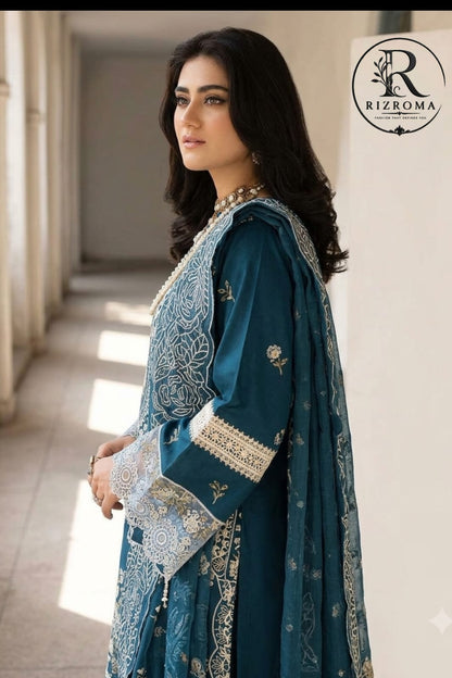 Premium Teal Embroidered Unstitched Lawn 3 Piece Suit with Luxury Printed Dupatta | Pakistani Designer Summer Collection