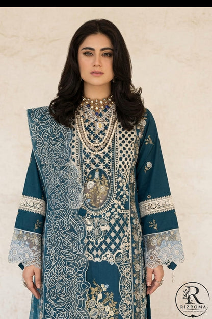 Premium Teal Embroidered Unstitched Lawn 3 Piece Suit with Luxury Printed Dupatta | Pakistani Designer Summer Collection