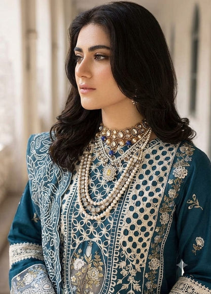 Premium Teal Embroidered Unstitched Lawn 3 Piece Suit with Luxury Printed Dupatta | Pakistani Designer Summer Collection