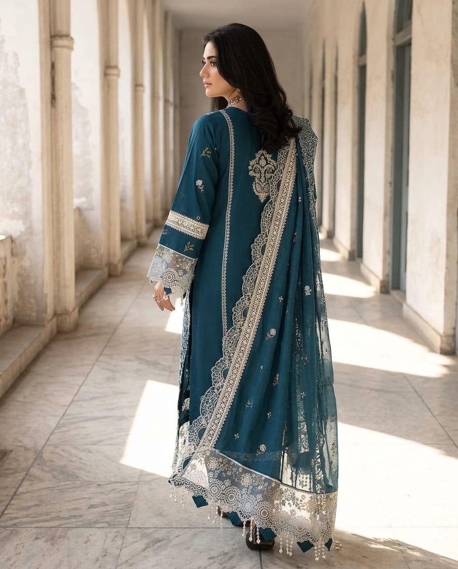 Premium Teal Embroidered Unstitched Lawn 3 Piece Suit with Luxury Printed Dupatta | Pakistani Designer Summer Collection