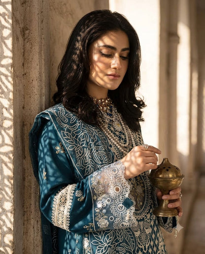 Premium Teal Embroidered Unstitched Lawn 3 Piece Suit with Luxury Printed Dupatta | Pakistani Designer Summer Collection