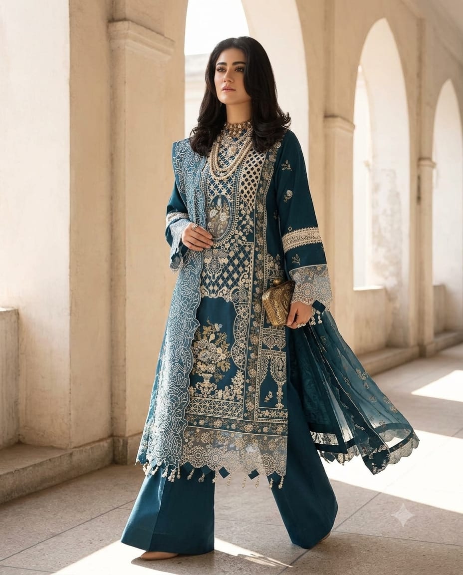 Premium Teal Embroidered Unstitched Lawn 3 Piece Suit with Luxury Printed Dupatta | Pakistani Designer Summer Collection