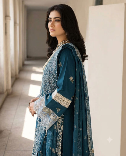 Premium Teal Embroidered Unstitched Lawn 3 Piece Suit with Luxury Printed Dupatta | Pakistani Designer Summer Collection