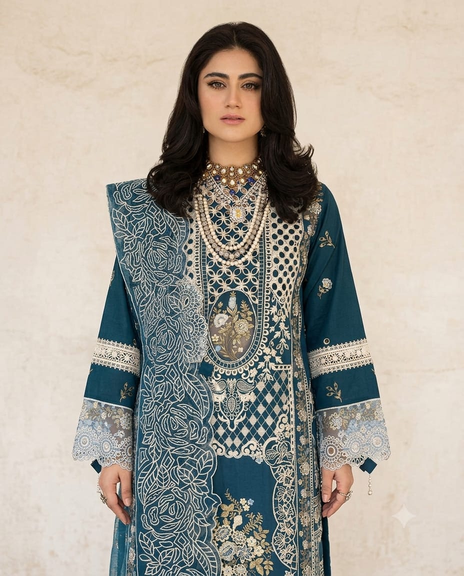 Premium Teal Embroidered Unstitched Lawn 3 Piece Suit with Luxury Printed Dupatta | Pakistani Designer Summer Collection