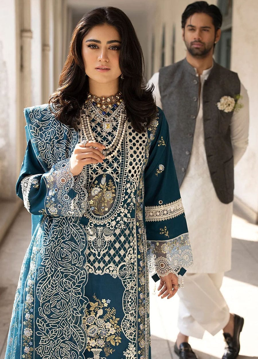 Premium Teal Embroidered Unstitched Lawn 3 Piece Suit with Luxury Printed Dupatta | Pakistani Designer Summer Collection