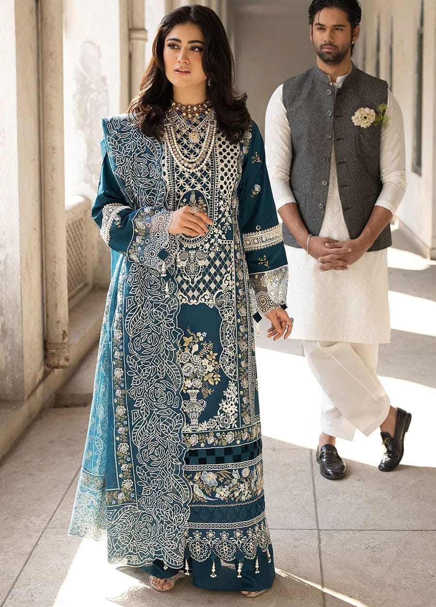 Premium Teal Embroidered Unstitched Lawn 3 Piece Suit with Luxury Printed Dupatta | Pakistani Designer Summer Collection