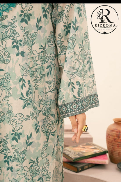 Elegant Mint Green Floral Printed Unstitched Lawn 3 Piece Suit with Embroidered Neckline | Premium Pakistani Summer Collection