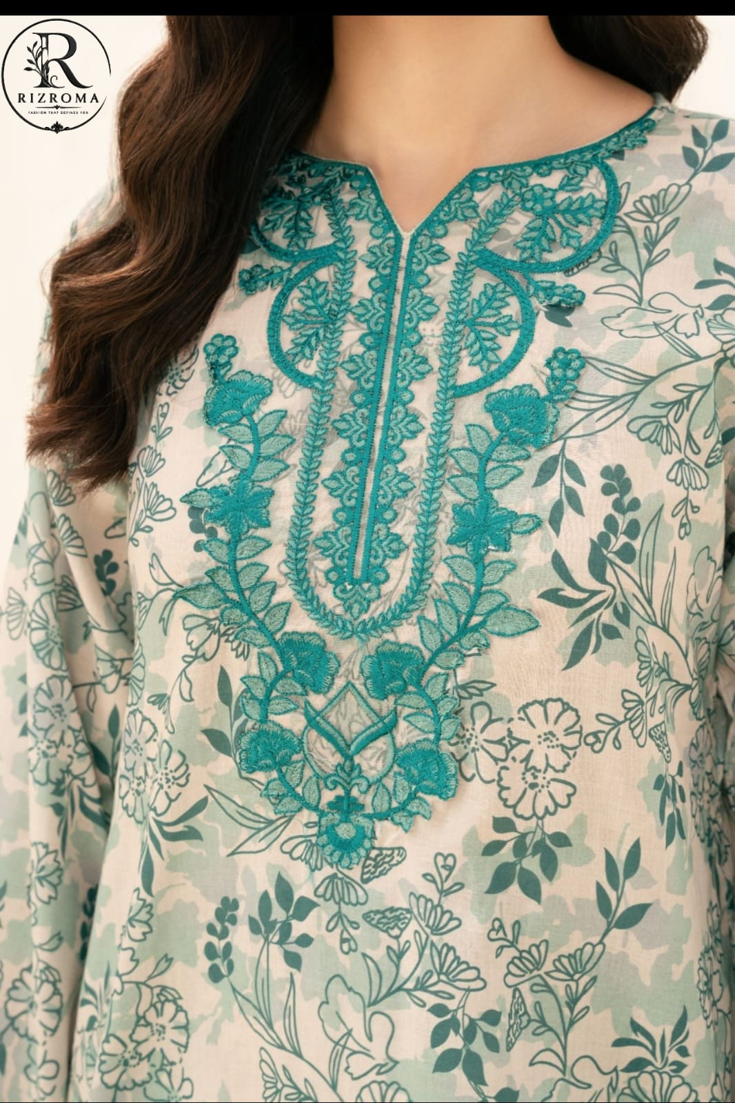 Elegant Mint Green Floral Printed Unstitched Lawn 3 Piece Suit with Embroidered Neckline | Premium Pakistani Summer Collection