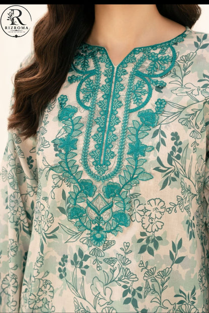 Elegant Mint Green Floral Printed Unstitched Lawn 3 Piece Suit with Embroidered Neckline | Premium Pakistani Summer Collection