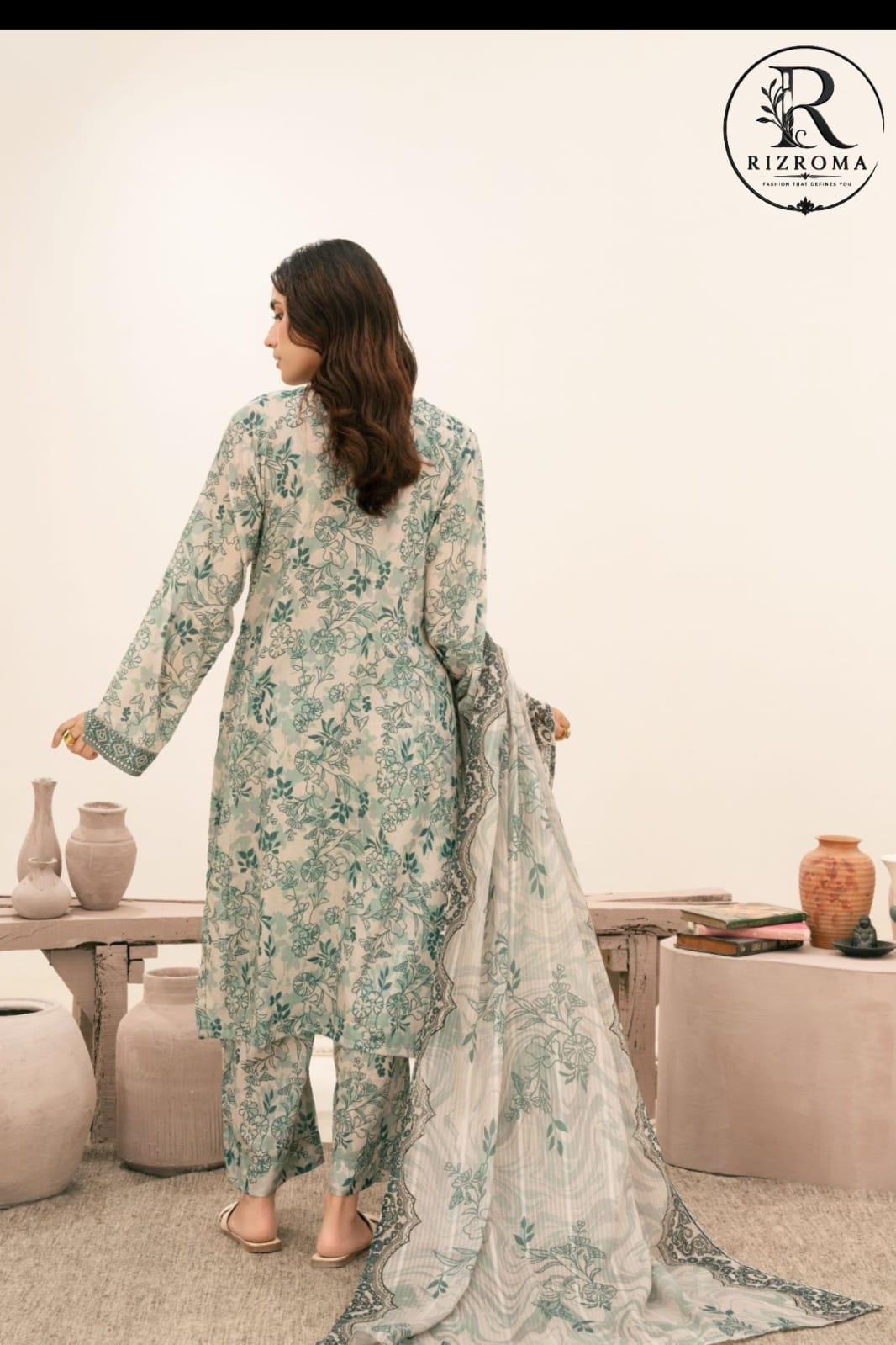 Elegant Mint Green Floral Printed Unstitched Lawn 3 Piece Suit with Embroidered Neckline | Premium Pakistani Summer Collection