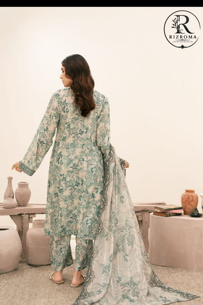Elegant Mint Green Floral Printed Unstitched Lawn 3 Piece Suit with Embroidered Neckline | Premium Pakistani Summer Collection