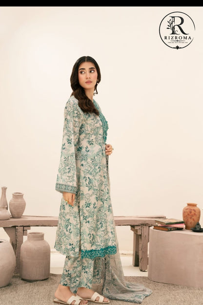 Elegant Mint Green Floral Printed Unstitched Lawn 3 Piece Suit with Embroidered Neckline | Premium Pakistani Summer Collection