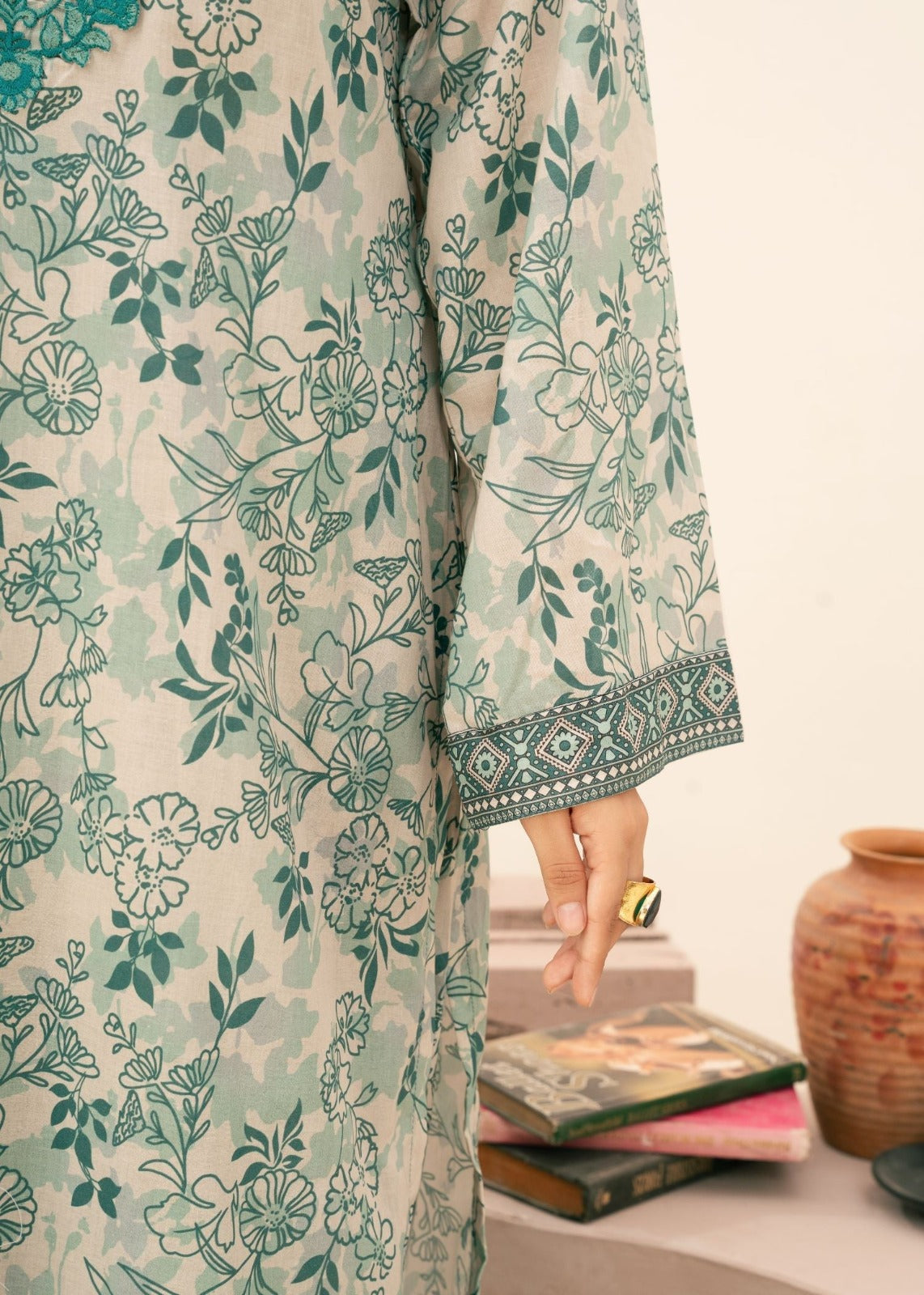 Elegant Mint Green Floral Printed Unstitched Lawn 3 Piece Suit with Embroidered Neckline | Premium Pakistani Summer Collection