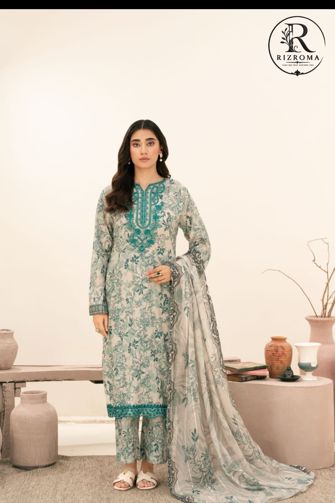 Elegant Mint Green Floral Printed Unstitched Lawn 3 Piece Suit with Embroidered Neckline | Premium Pakistani Summer Collection