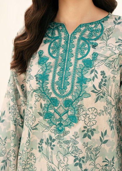Elegant Mint Green Floral Printed Unstitched Lawn 3 Piece Suit with Embroidered Neckline | Premium Pakistani Summer Collection