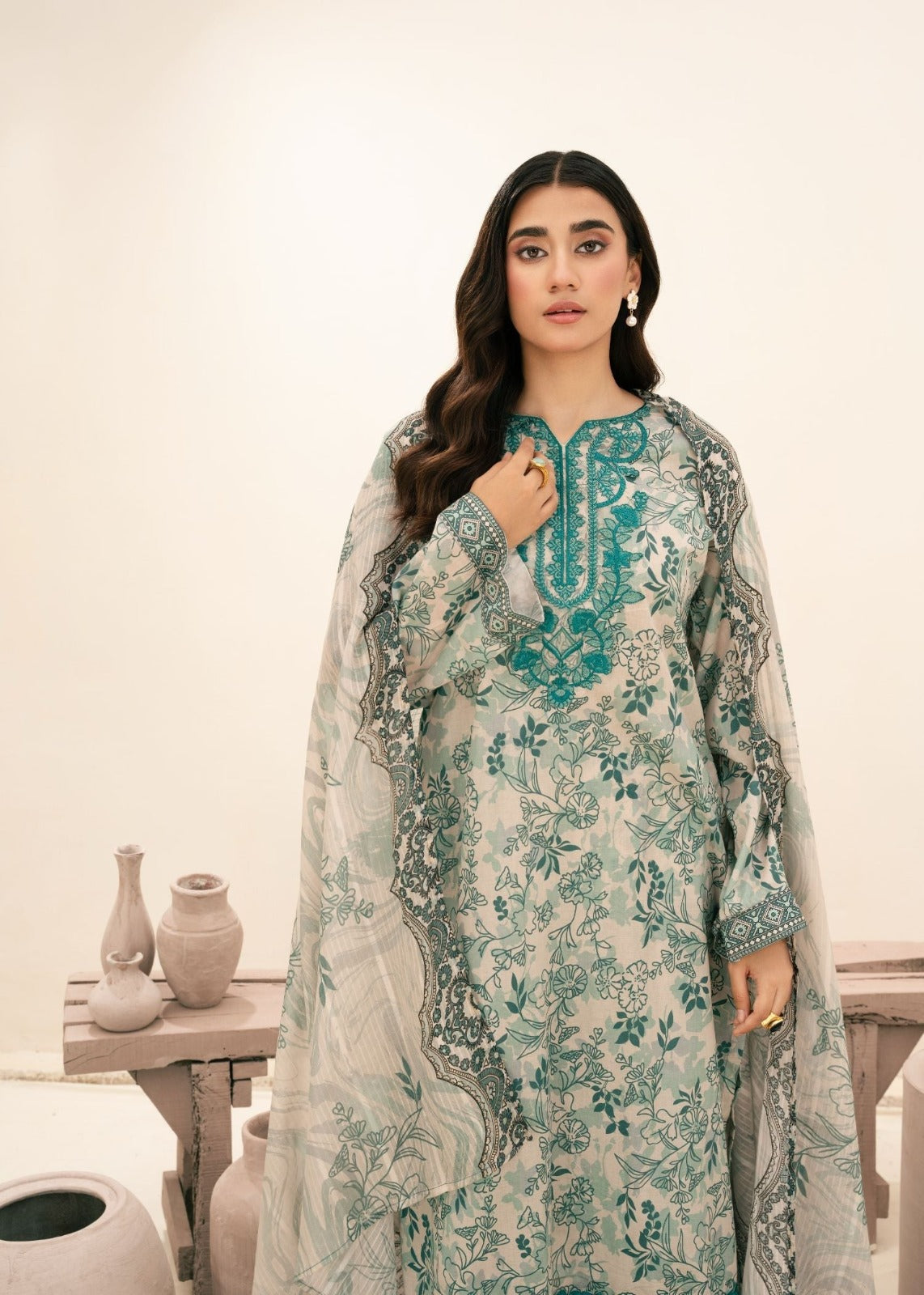 Elegant Mint Green Floral Printed Unstitched Lawn 3 Piece Suit with Embroidered Neckline | Premium Pakistani Summer Collection