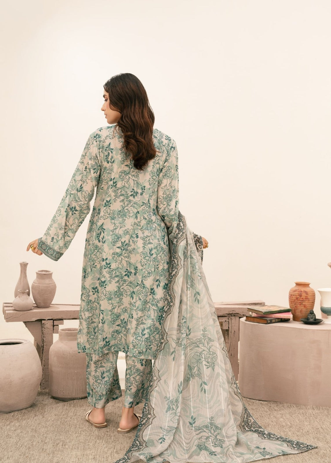 Elegant Mint Green Floral Printed Unstitched Lawn 3 Piece Suit with Embroidered Neckline | Premium Pakistani Summer Collection
