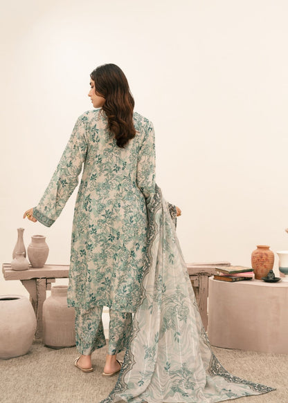 Elegant Mint Green Floral Printed Unstitched Lawn 3 Piece Suit with Embroidered Neckline | Premium Pakistani Summer Collection