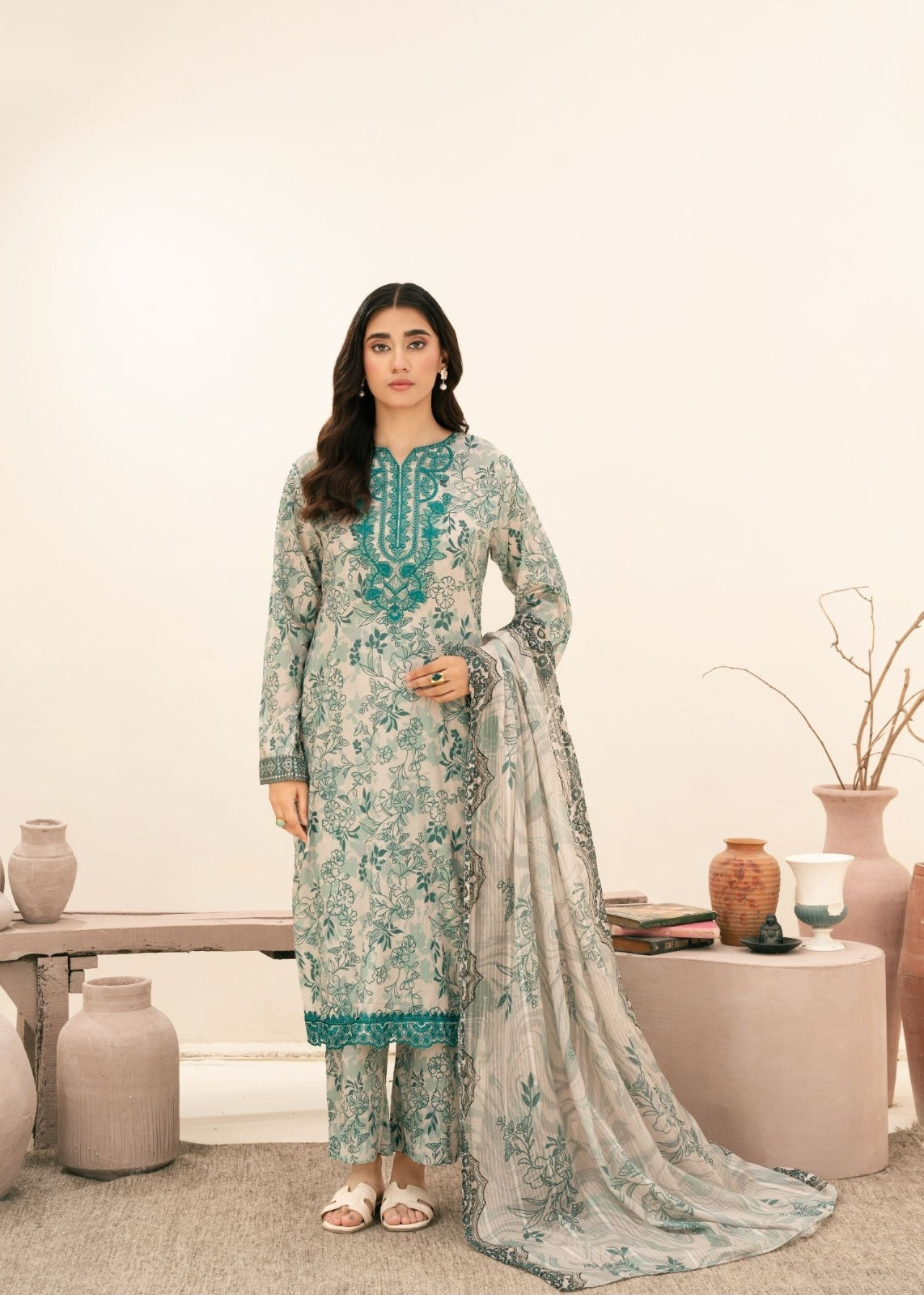 Elegant Mint Green Floral Printed Unstitched Lawn 3 Piece Suit with Embroidered Neckline | Premium Pakistani Summer Collection