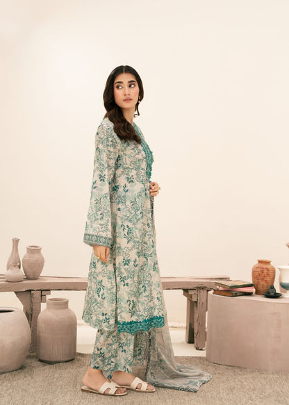 Elegant Mint Green Floral Printed Unstitched Lawn 3 Piece Suit with Embroidered Neckline | Premium Pakistani Summer Collection