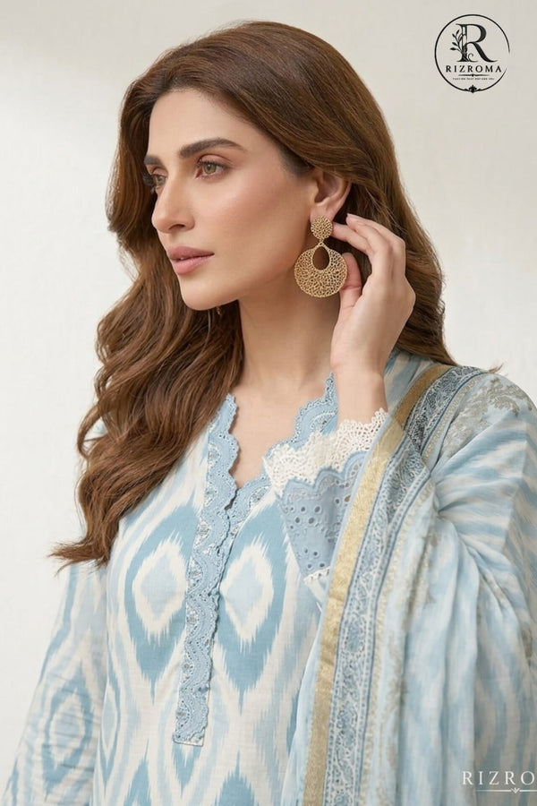 Elegant Sky Blue Printed Unstitched Lawn 3 Piece Suit with Embroidered Neckline &amp; Printed Dupatta | Premium Pakistani Summer Collection