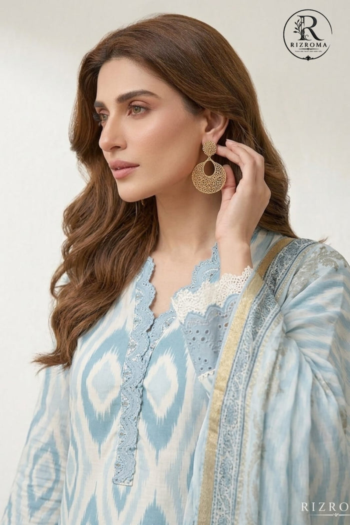 Elegant Sky Blue Printed Unstitched Lawn 3 Piece Suit with Embroidered Neckline &amp; Printed Dupatta | Premium Pakistani Summer Collection