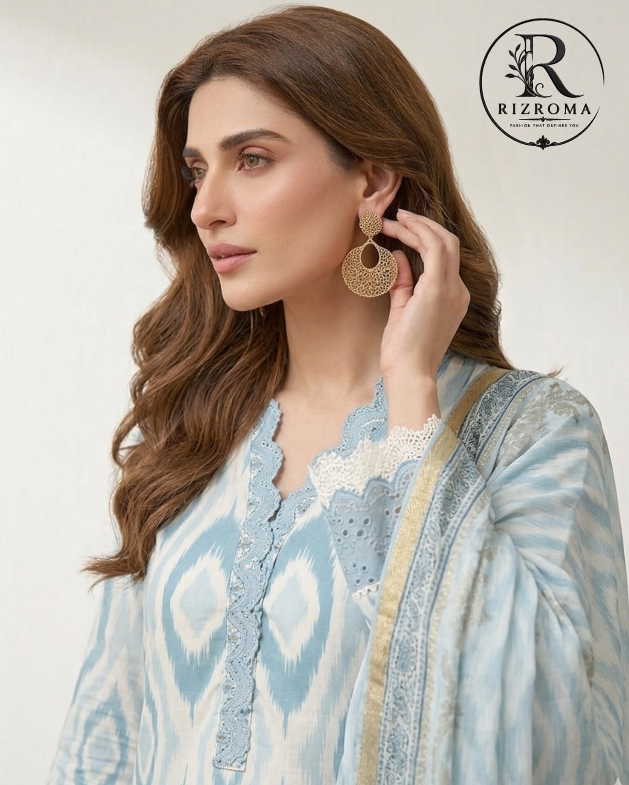 Elegant Sky Blue Printed Unstitched Lawn 3 Piece Suit with Embroidered Neckline &amp; Printed Dupatta | Premium Pakistani Summer Collection