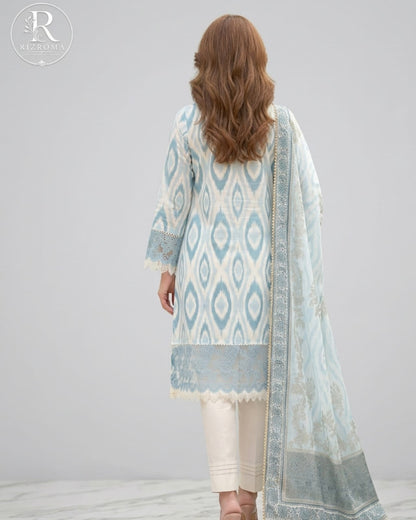 Elegant Sky Blue Printed Unstitched Lawn 3 Piece Suit with Embroidered Neckline &amp; Printed Dupatta | Premium Pakistani Summer Collection
