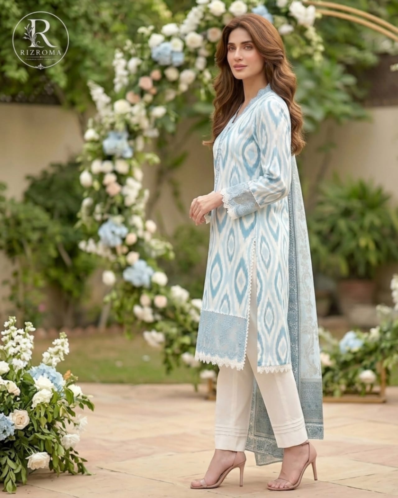 Elegant Sky Blue Printed Unstitched Lawn 3 Piece Suit with Embroidered Neckline &amp; Printed Dupatta | Premium Pakistani Summer Collection